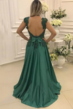 A Line Straps Prom Dresses Open Back Satin With Applique And Beads