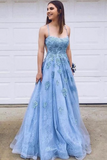 Tulle Spaghetti Straps Long Prom Dress, Evening Dress With Applique Floor Length