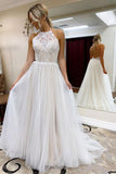 A Line Halter Tulle Wedding Dress with Top Lace, Backless Beach Wedding Dresses SJS15547