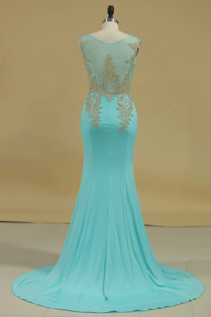 Spandex Scoop Mermaid Prom Dresses With Applique Sleeveless Sweep Train ...