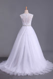 White Scoop Wedding Dresses A-Line Court Train With Beads & Applique