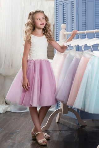 Bicolor Scoop Tulle & Lace A Line Knee Length Flower Girl Dresses