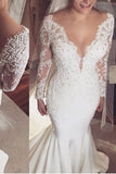 Long Sleeves Satin Wedding Dresses Mermaid With Applique And Beads