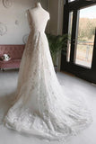 Elegant A-line V-neck Long Prom Dresses Appliques Backless Wedding Dresses SJS15154