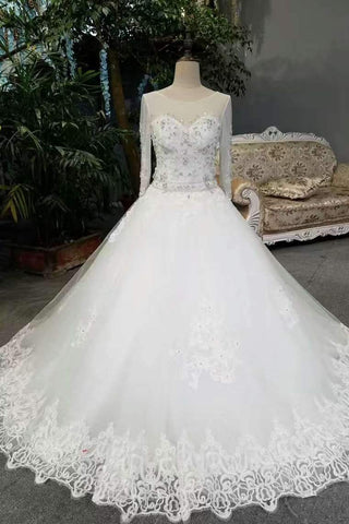 Long Sleeves Wedding Dresses Scoop Neck Neck With Appliques Lace Up Back