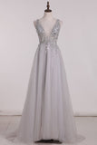 New Arrival V Neck Open Back Prom Dresses A Line Tulle With Beading