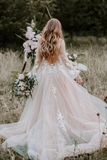 Princess Long Sleeves Lace Appliques V Neck Tulle Wedding Dresses Beach Wedding SJSPMZFDDLD