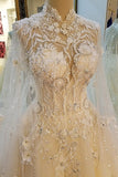 High Neck Wedding Dresses A Line With Beading Appliques Court Train Tulle Lace Up