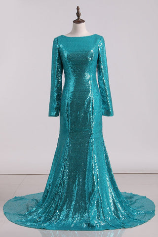 Sexy Open Back Long Sleeve Prom Dresses Sequins Mermaid Sweep Train