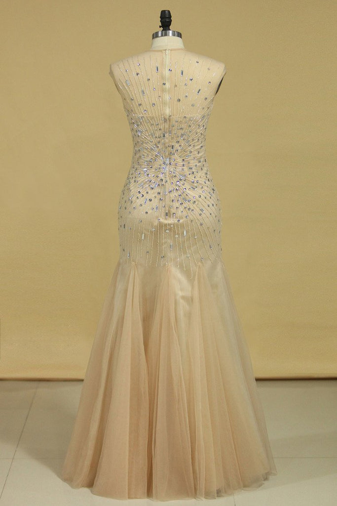 Sleeveless Mermaid Prom Dresses Beaded With A Starburst Of Bugle Beads And Clear Crystals Tulle