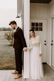 Elegant A Line Long Sleeves Round Neck Backless Boho Wedding Dress, Bridal SJS15637