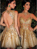 Gorgeous A-line Scoop Gold Short Homecoming Dress with Open Back JS435