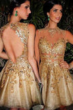 Gorgeous A-line Scoop Gold Short Homecoming Dress with Open Back JS435