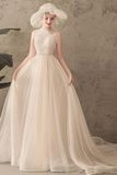Ivory Jewel Sleeveless Tulle Wedding Dress With Lace A Line Pleats Open Back Bridal SJSPXNMNP57