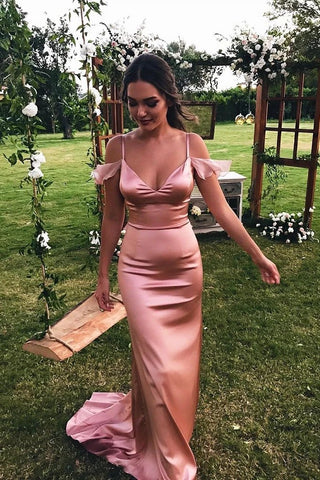 Unique Spaghetti Straps Pink Mermaid Prom Dresses Off the Shoulder Evening Formal Dresses SJS15468