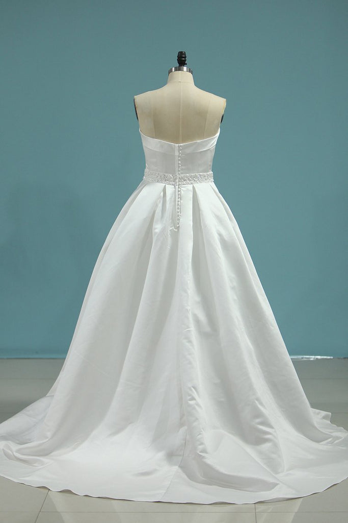 Satin Strapless Beaded Waistline Wedding Dresses A Line Covered Button