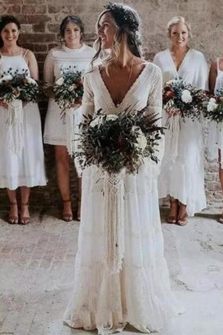 A Line Long Sleeves Deep V Neck Lace Backless Wedding Dresses Long Bridal SJSPBASH993