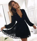 Chic Black Deep V Neck Long Sleeves Lace Homecoming Dress, Black Short Prom Gowns SJS14968