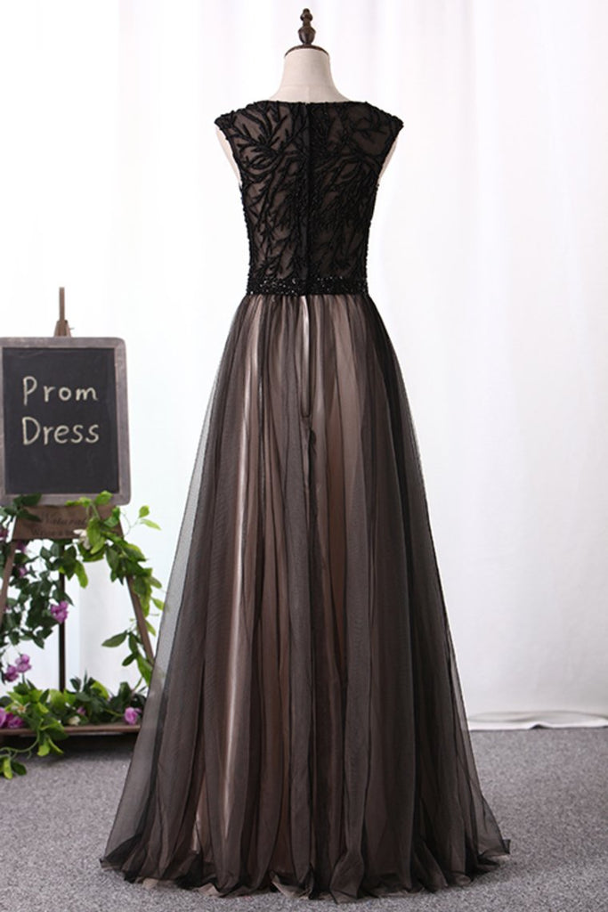 Scoop Prom Dresses A Line Tulle With Beading Sweep Train