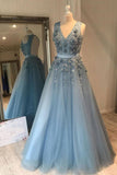 Blue Tulle Flowers Beaded Evening Dresses A Line V Neck Long Prom Dresses