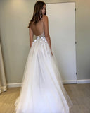 A Line V Neck Tulle Long Ivory Lace Appliques Cheap Wedding Dresses