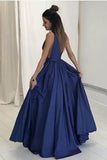Royal Blue A Line Floor Length Deep V Neck Sleeveless Deep V Back Prom Dresses