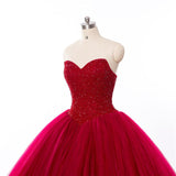 New Style Red Tulle Lace up Sweetheart Strapless Beads Ball Gown Prom Quinceanera Dress JS512