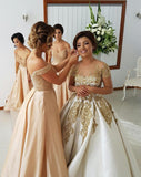 Off-the-Shoulder Sweetheart Long Pink A-Line Beads Open Back Bridesmaid Dresses JS594