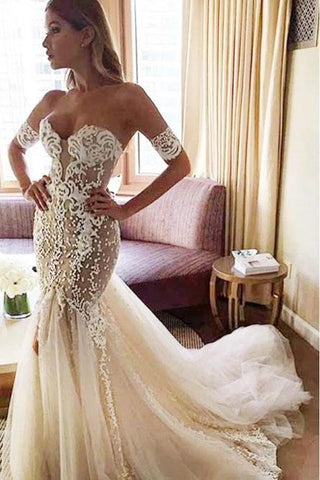 Charming Mermaid Sweetheart Backless Tulle Wedding Dresses with Lace Appliques SJS15111