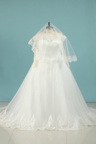 Long Sleeves Boat Neck A Line Tulle With Applique Wedding Dresses