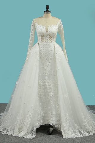 Mermaid Tulle Wedding Dresses Long Sleeves Scoop With Applique