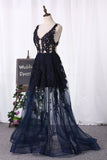 Open Back V Neck Prom Dresses A Line Tulle With Applique