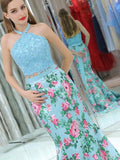 Elegant Mermaid Halter Two Pieces Blue Floral Prom Dresses, Beads Evening Dresses SJS15178