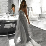 Flowy A Line Spaghetti Straps Grey Tulle Long Prom Dresses Cheap Dance Dresses SJS15228