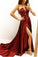 Elegant A line Strapless V Neck Burgundy Beads Prom Dresses with Slit, Party SJS20412