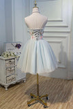 Cute Blue Strapless Tulle Homecoming Dresses with 3D Flowers Lace up Dance Dresses SJS14970