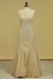 Sleeveless Mermaid Prom Dresses Beaded With A Starburst Of Bugle Beads And Clear Crystals Tulle