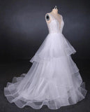 Elegant V-neck Tulle Open Back Wedding Dresses, Asymmetrical Long Bridal Dresses SJS15217