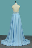 Halter Chiffon A Line Prom Dresses With Applique And Slit Sweep Train