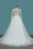 Long Sleeves Scoop Tulle A Line Wedding Dresses With Applique Court Train
