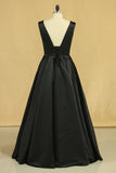 Evening Dress Concise A-Line Floor Length Lace-Up Satin Black Plus Size