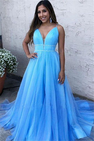 A Line Sky Blue Spaghetti Straps V Neck Tulle Prom Dresses, Cheap Evening Dresses SJS15554
