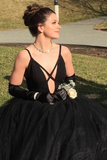 Fashion Spaghetti Straps Black Prom Dresses Floor Length Evening Party Dresses