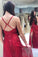 Sparkly V Neck A Line Red Spaghetti Straps Prom Dresses with Slit, Evening SJS15675