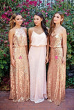 Cheap Pink Lace Sparkly Sequin Gold Mismatched Bridesmaid Dresses, Long Prom Dresses SJS15129