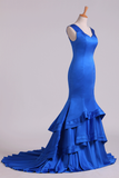 Dark Royal Blue Off-The-Shoulder Mermaid Prom Dresses Sweep Train Satin Zipper Back