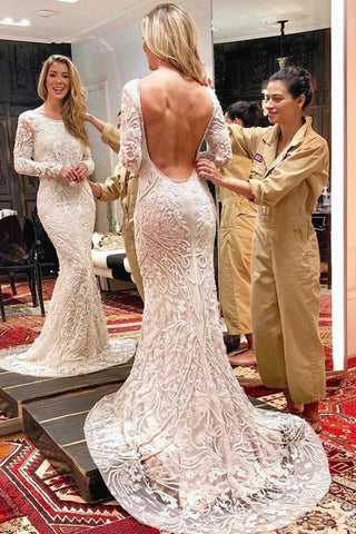 Ivory Backless Long Sleeves Mermaid Wedding Dress Embroidery& Beads Wedding SJSPYJ9JRQB