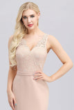 Elegant V-Neck Floral Lace Pink Evening Dress Satin Prom Dresses SJS15216