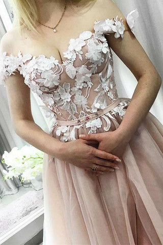 A Line Off the Shoulder Sweetheart Beads Tulle Pink Prom Dresses with Applique SJS15007