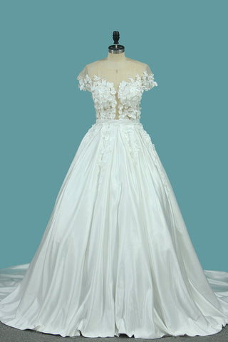 A Line Scoop Wedding Dresses Satin With Handmade Flower And Sash Chapel Train